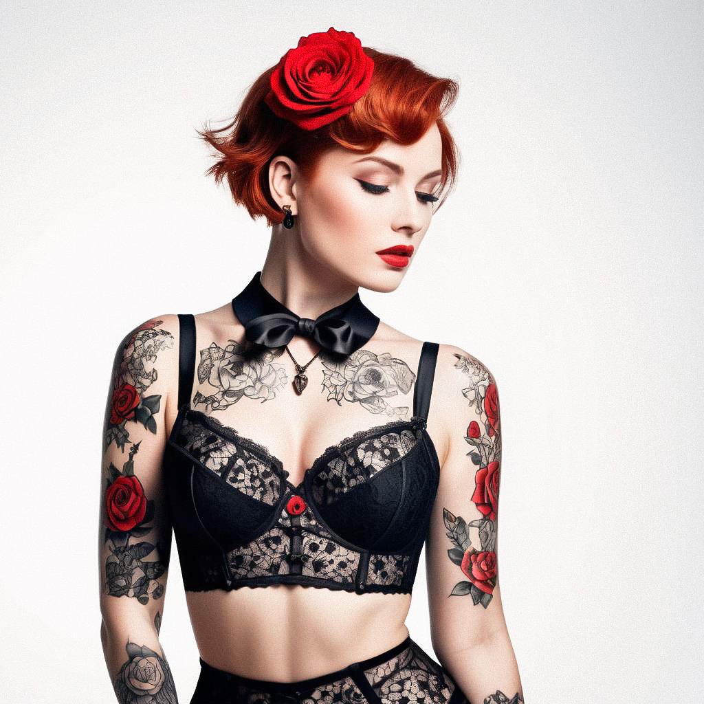 Portrait of Woman with Red Hair and Floral Tattoos