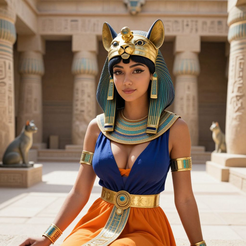 Woman in Ancient Egyptian Goddess Costume with Cat Headdress in Temple