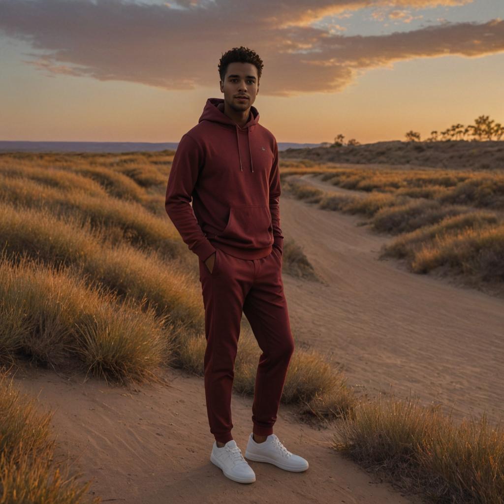 Confident Man in Red Tracksuit at Desert Sunset