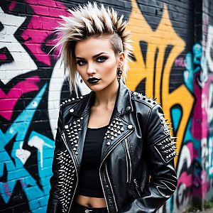 Confident Woman with Punk Hairstyle Against Graffiti Wall