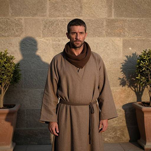 Man in Brown Robe Standing Outdoors by Stone Wall with Potted Plants