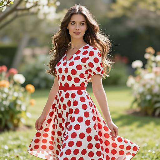 Woman in Vintage Red Polka Dot Dress in Garden