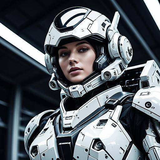 Futuristic Woman in High-Tech White Mech Suit with Helmet