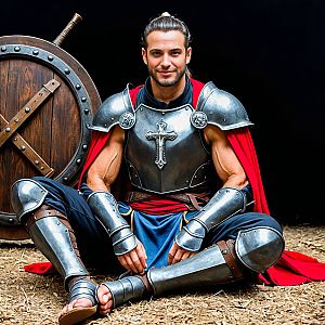 Medieval Warrior Model in Armor with Red Cape