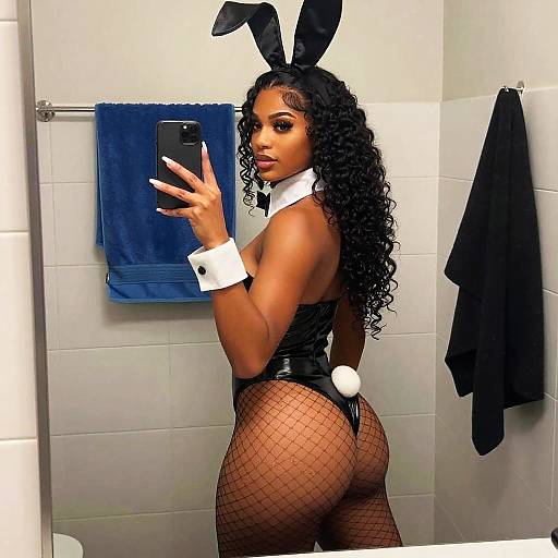 Woman in Stylish Black Bunny Costume Taking Mirror Selfie in Bathroom