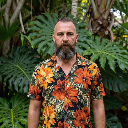 Bearded Man Wearing Floral Hawaiian Shirt with Tropical Greenery Background