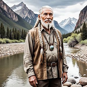 Elderly Man by Mountain River