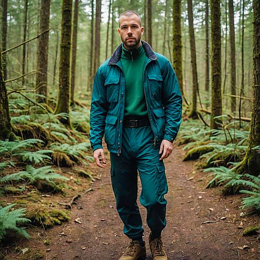 Man in Teal Outdoor Outfit on Forest Trail