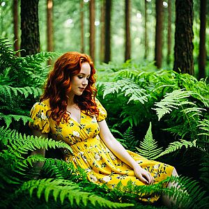 Woman with Red Hair in Floral Dress Among Ferns
