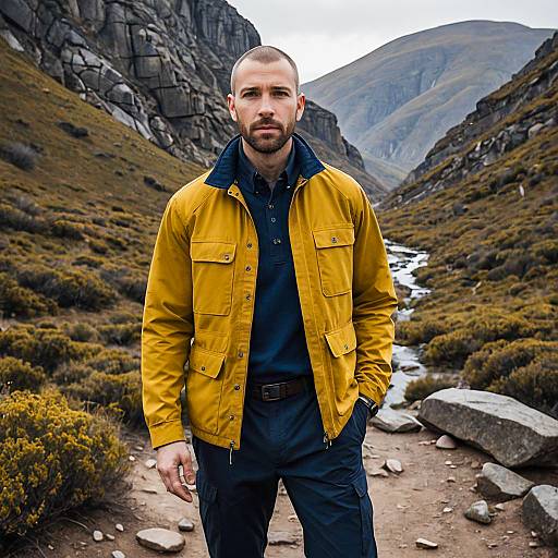 Man in Yellow Jacket Hiking on Rocky Mountain Trail Outdoors