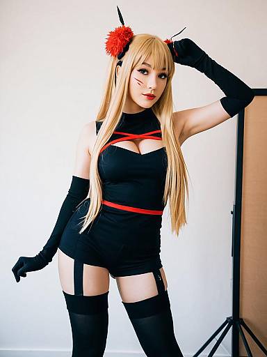 Anime-Inspired Blonde Woman Cosplay in Black and Red Outfit