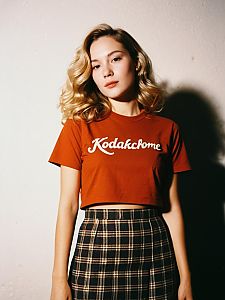 Woman in Casual Streetwear with Faded Kodakchrome Graphic T-Shirt and Plaid Skirt