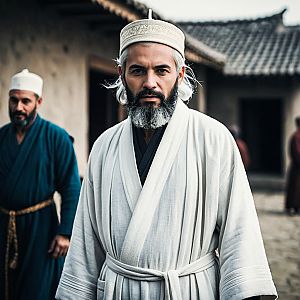 Bearded Man in Traditional Attire in Historic Village