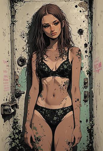 Comic Style Illustration of Woman in Floral Lingerie Against Weathered Door