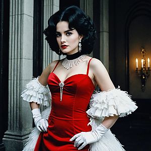 Confident Woman in Vintage Red Dress with Glamorous Accessories