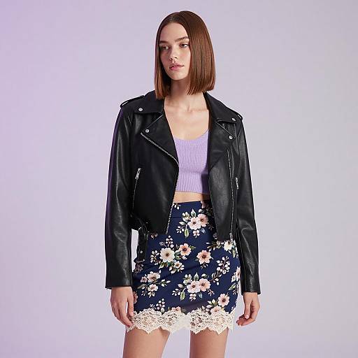 Young Woman in Black Leather Jacket and Floral Skirt Fashion Outfit