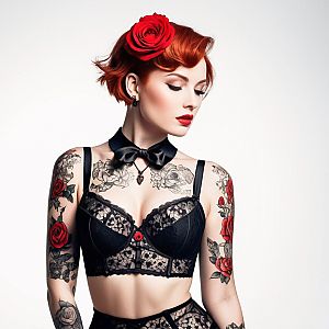 Portrait of Woman with Red Hair and Floral Tattoos