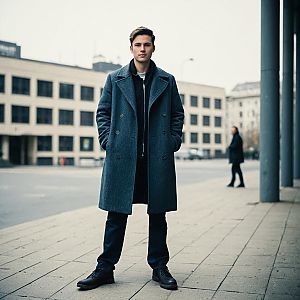 Confident Young Man in Stylish Gray Overcoat in Urban Setting