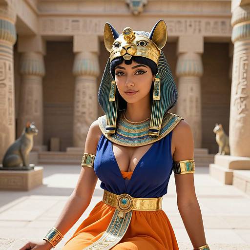 Woman in Ancient Egyptian Goddess Costume with Cat Headdress in Temple