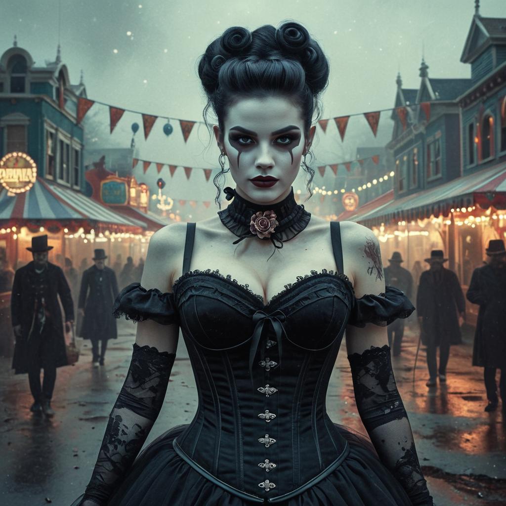 Victorian Gothic Woman at Vintage Carnival Street in Dark Fantasy Style
