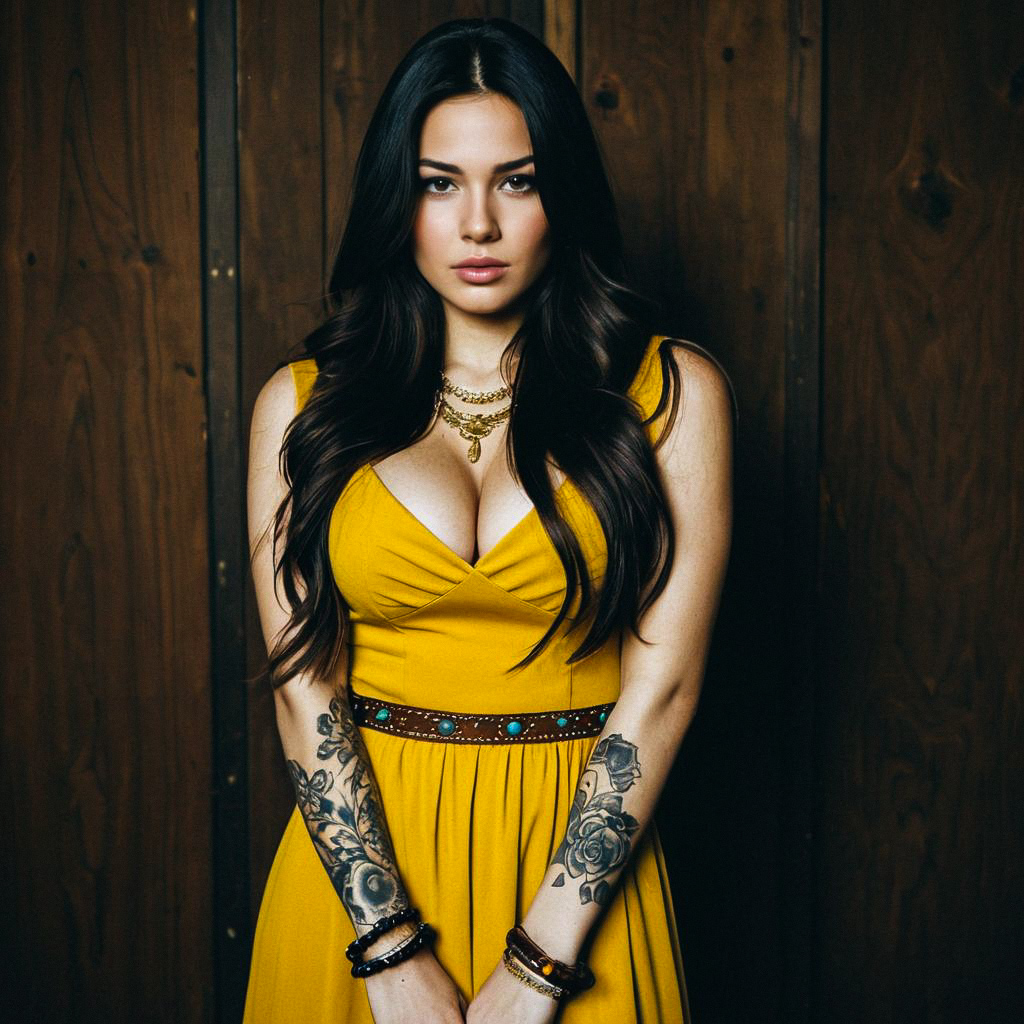 Confident Woman in Yellow Dress with Floral Tattoos