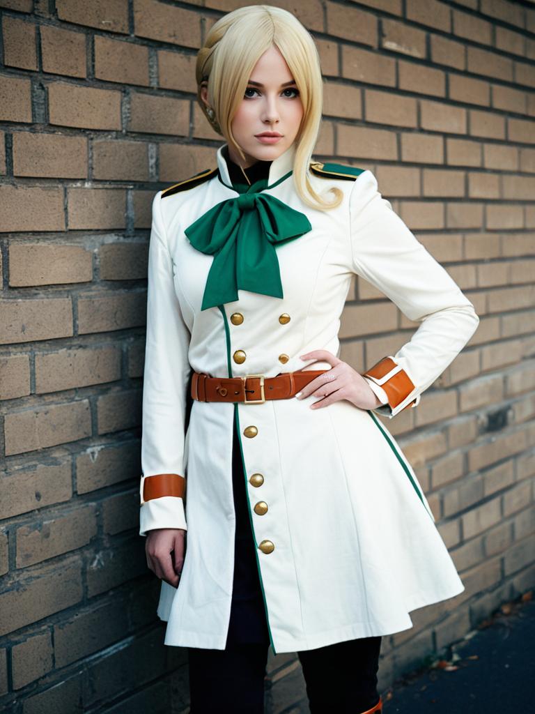 Realistic Historia Reiss Cosplay Woman in Detailed Military-Style Costume