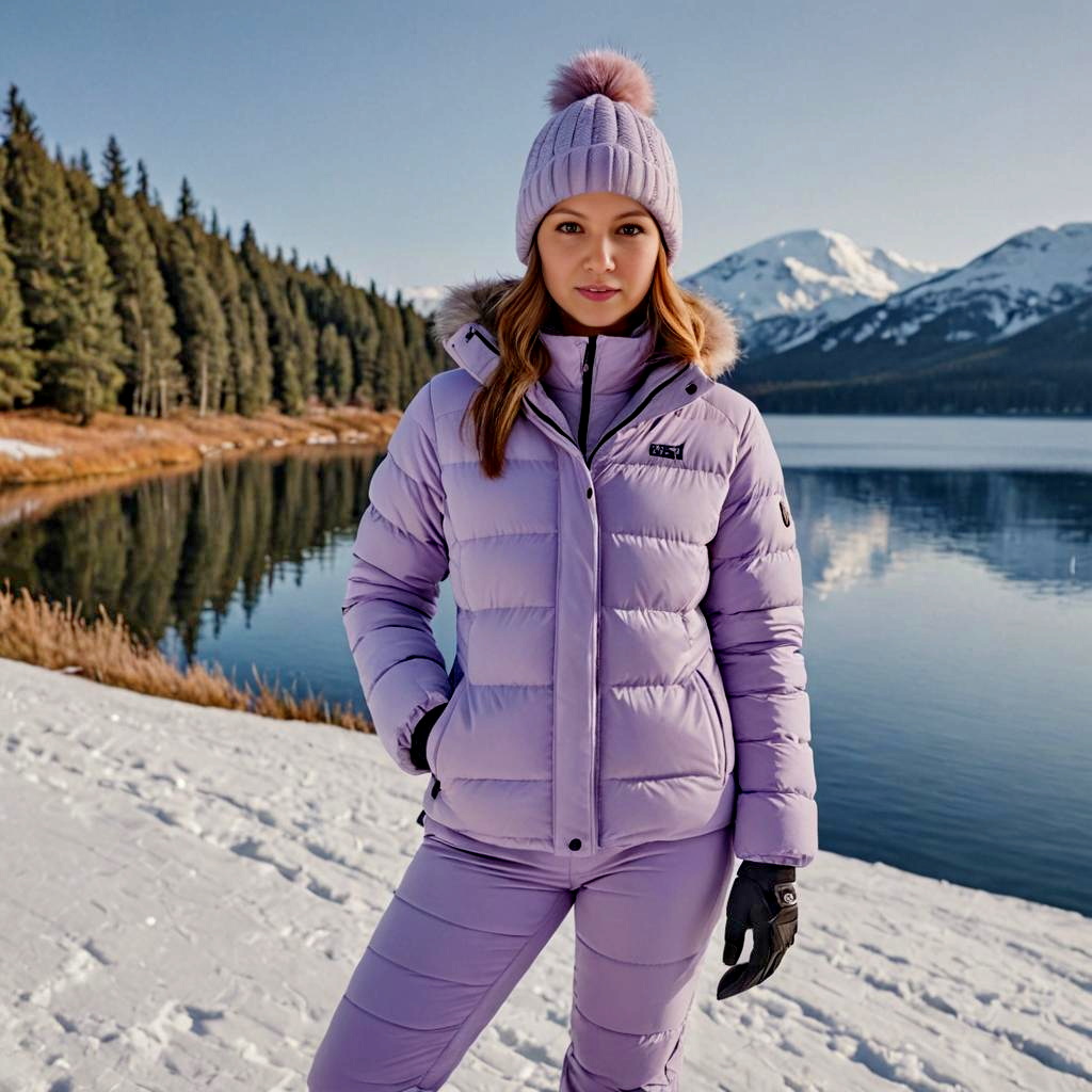 Fashionable Woman in Lavender Puffer Jacket in Winter Landscape