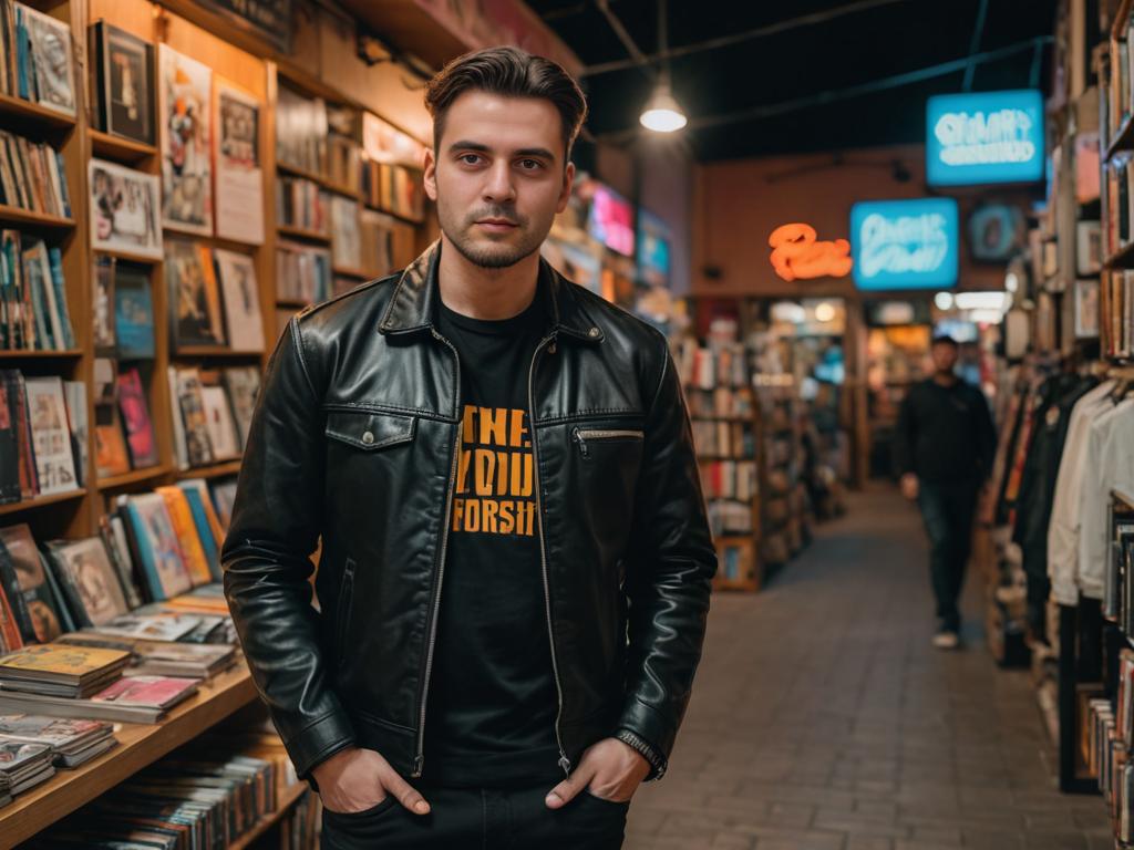 Cool man in leather jacket at atmospheric bookstore with neon signs