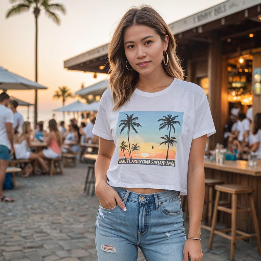 Stylish Woman in Palm Tree Tee at Outdoor Cafe