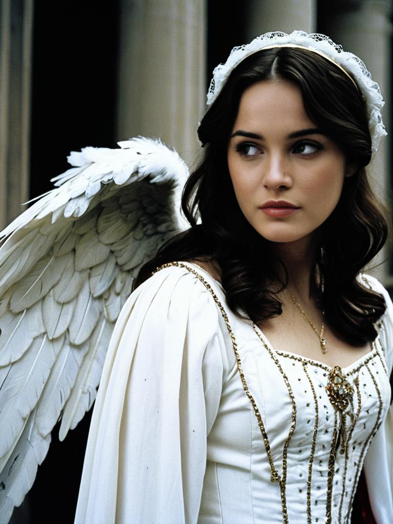 Woman in Romeo Juliet Angel Costume with Feather Wings and Gold Embellishments