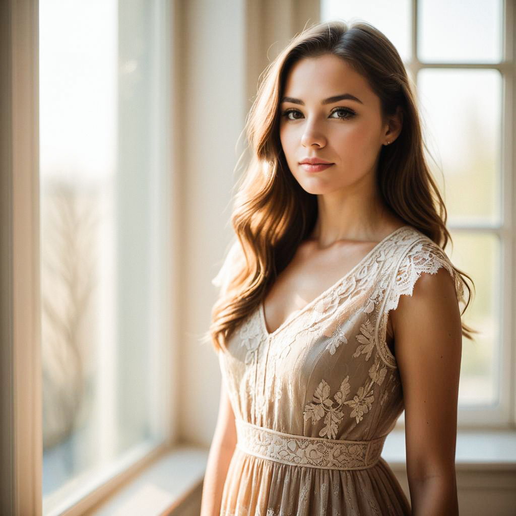 Young Woman by Window in Lace Dress Young Woman by Window in Lace Dress