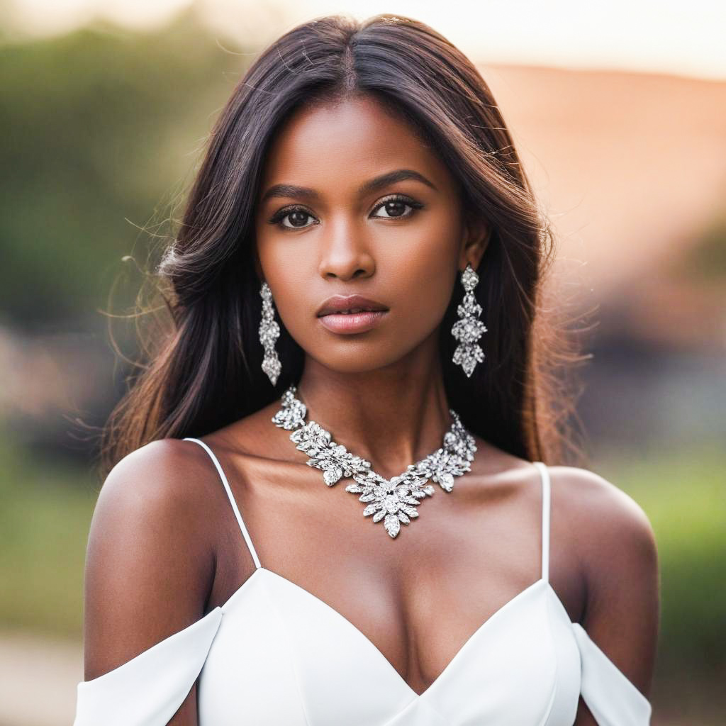 Elegant Woman in Off-Shoulder Dress with Silver Jewelry