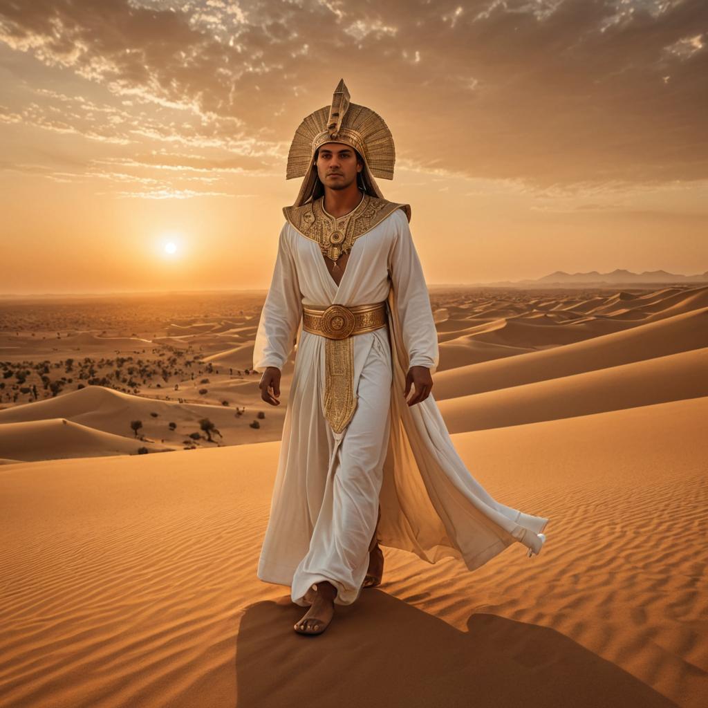 Ancient Egyptian Pharaoh in Desert at Sunset