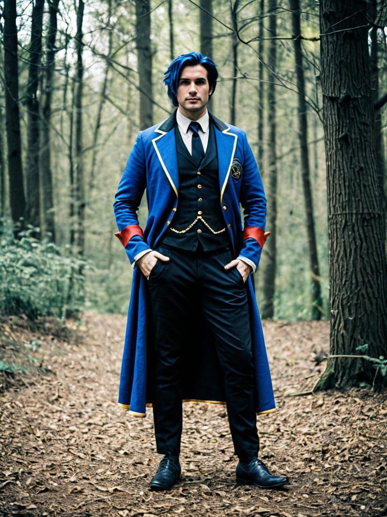 Man in Blue Fantasy Coat and Black Suit Standing in Forest
