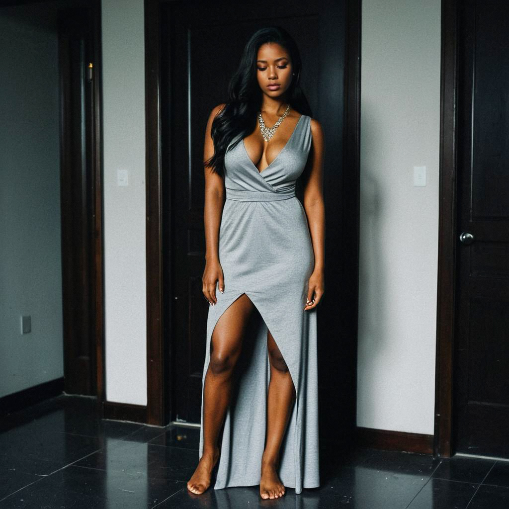 Confident Woman in Elegant Gray Dress Confident Woman in Elegant Gray Dress