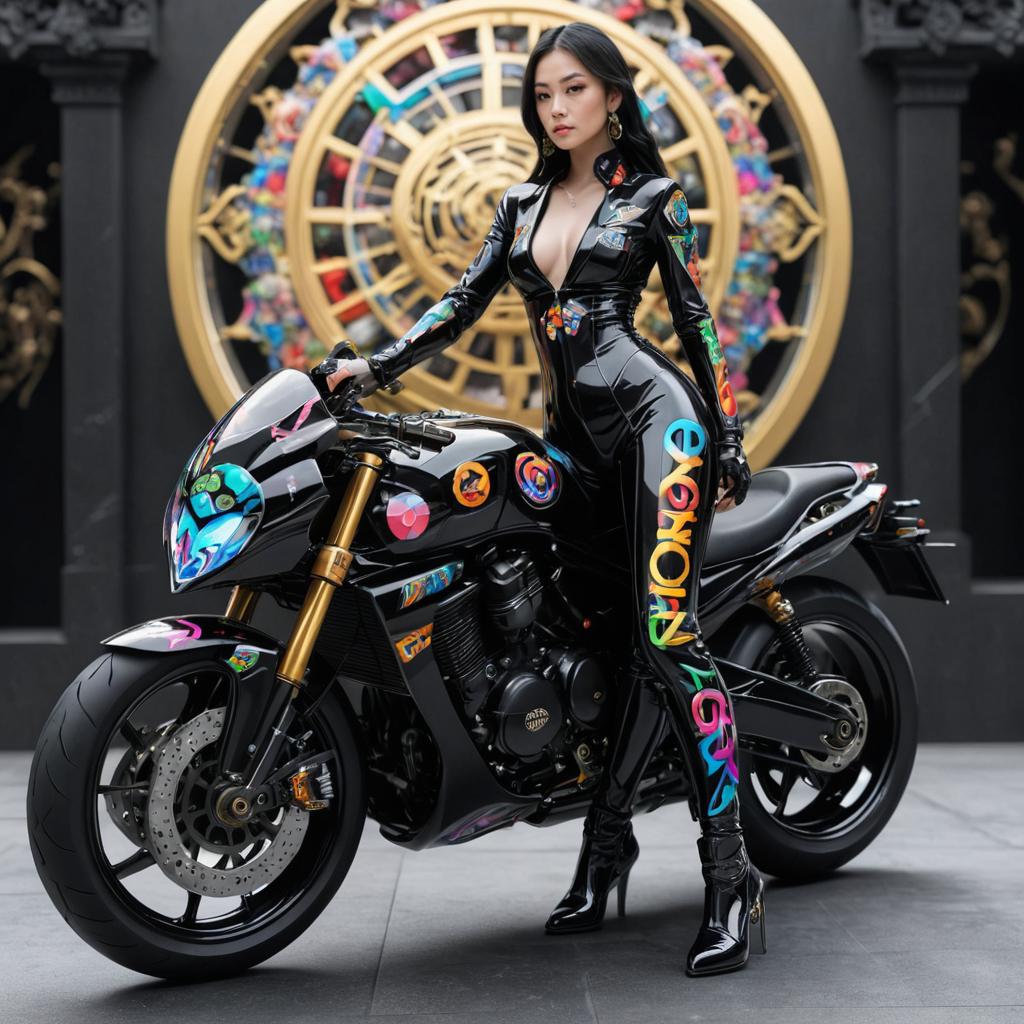 Beautiful Black Marble Statue with Japanese Aesthetic and Motorcycle