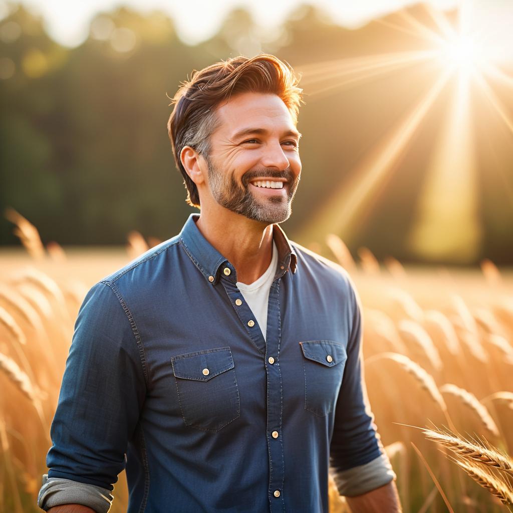 Smiling Man in Wheat Field at Sunset Smiling Man in Wheat Field at Sunset