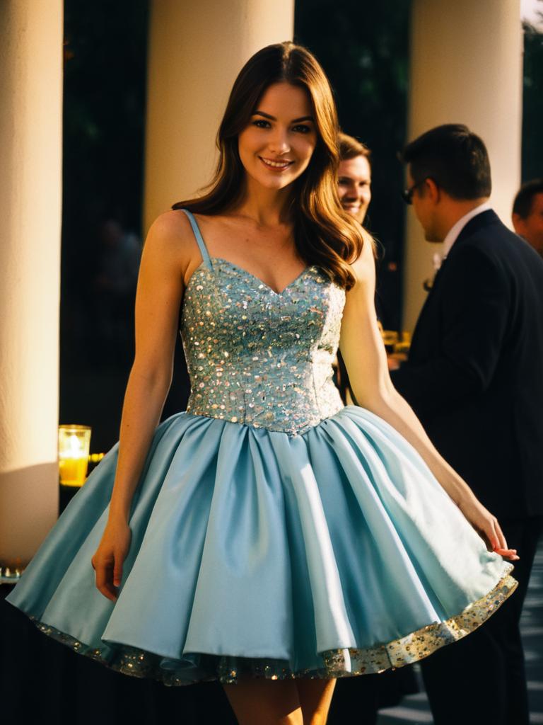 Woman in Sparkling Blue Mini Ball Gown at Party Event