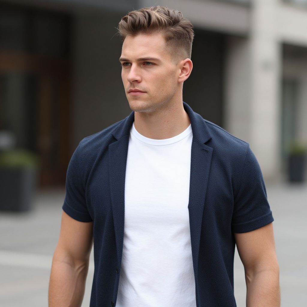 Stylish Young Man in White T-shirt and Navy Short Sleeve Blazer Outdoor