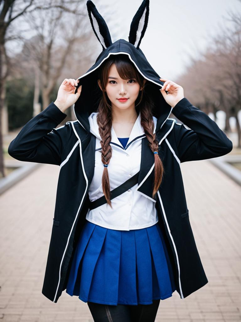 Amiya Arknights Cosplay Woman in Black Hooded Coat with Rabbit Ears