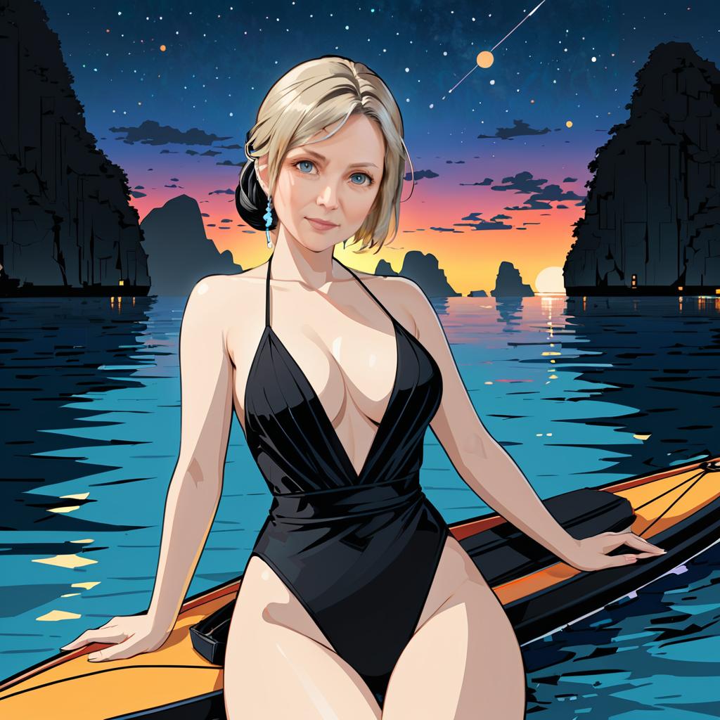 Anime Woman in Black Swimsuit Kayaking at Sunset