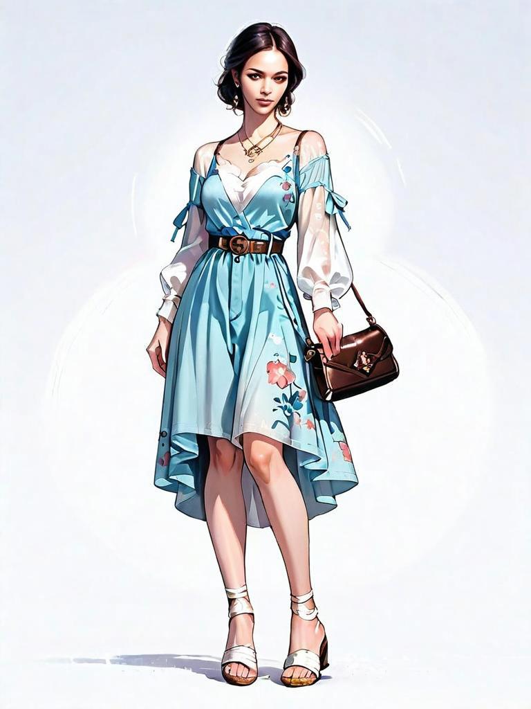 Realistic Comic Style Illustration of Woman in Blue Floral Dress Full Body