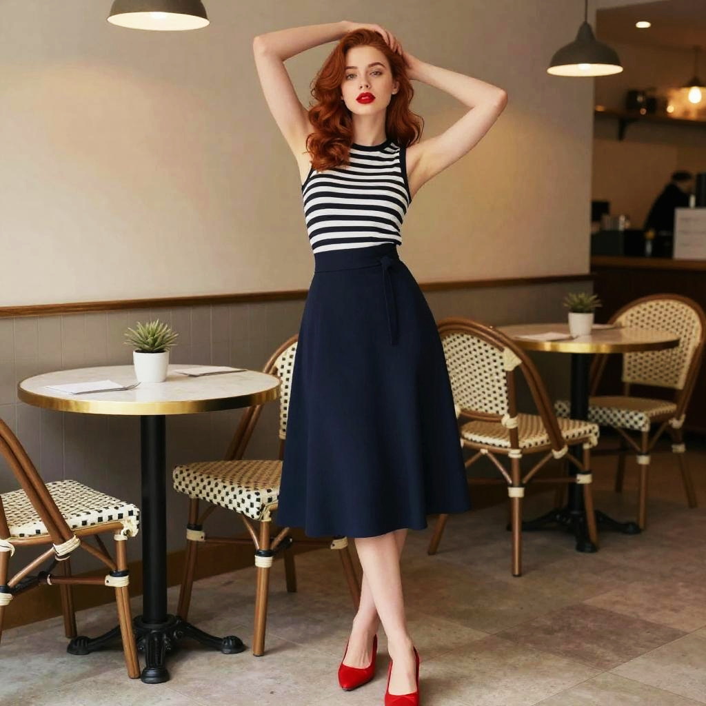 Chic Woman in Vintage-Inspired Outfit Posing in Café
