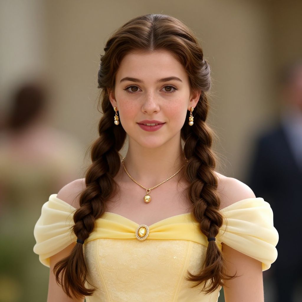 Portrait of Young Woman in Yellow Off-Shoulder Dress with Braided Hair