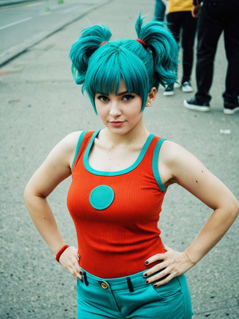 Man Cosplay Bulma Costume Realistic Photo