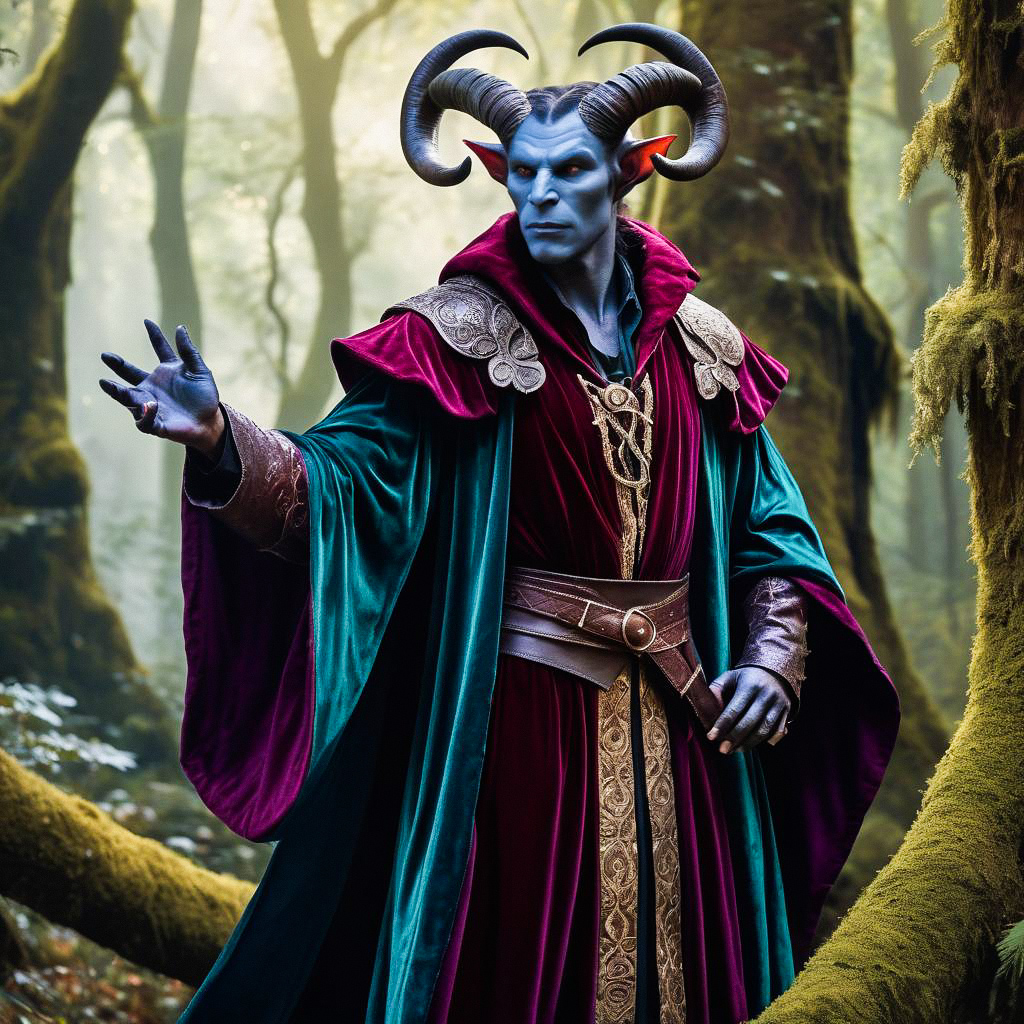 Blue-skinned man with horns in enchanted forest