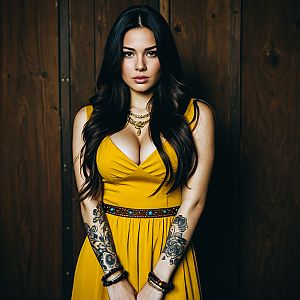 Confident Woman in Yellow Dress with Floral Tattoos