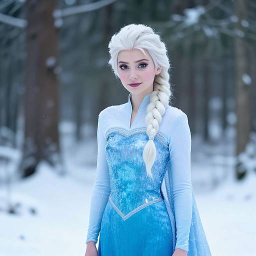 Woman in Elsa Costume Blue Dress in Snowy Forest