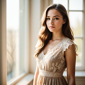 Young Woman by Window in Lace Dress