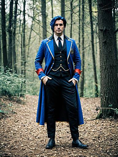 Man in Blue Fantasy Coat and Black Suit Standing in Forest